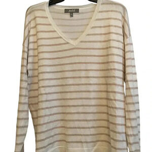 Rose Shimmer and White Striped V Neck Sweater Marled Size Medium